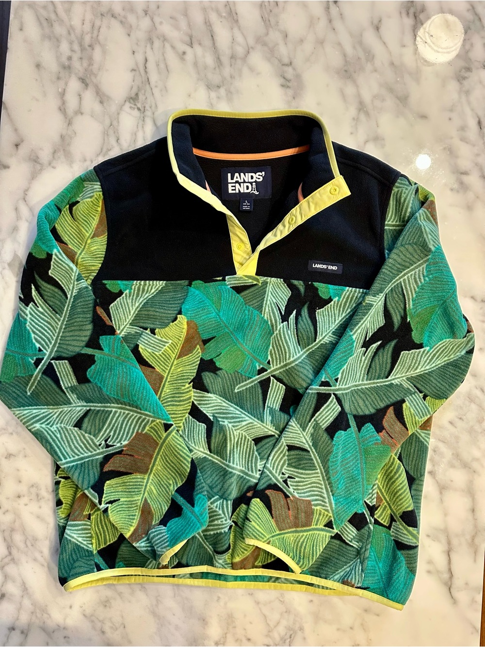 Lands' End Tropical Palm Pullover - Green/Black - Size Large